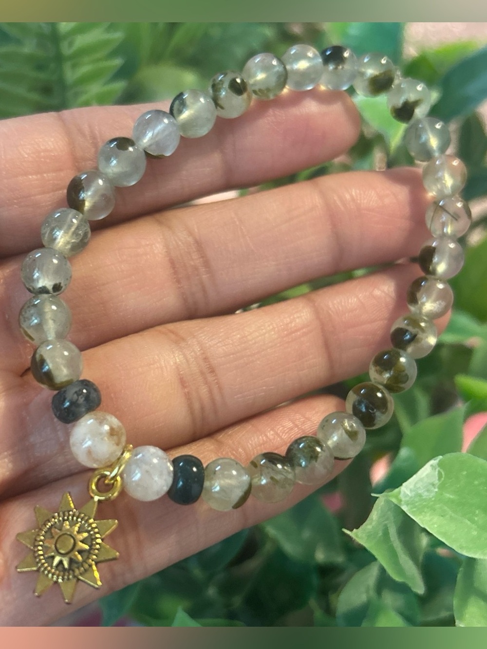 Handmade prehnite with epidote + citrine stretchy bracelet with sun charm